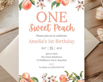 One Sweet Peach Birthday Invitation | Peach 1st Birthday Invite | Edytowalne zaproszenie cyfrowe | Girls 1st Birthday | Natychmiastowe pobranie