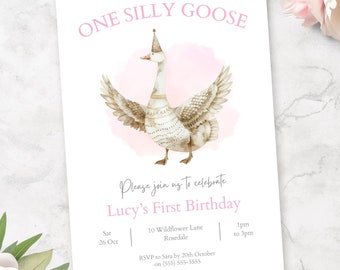 One Silly Goose Birthday Invitation | Editable Silly Goose 1st Birthday Invite | Girls First Birthday Invitation Template  | InstantDownload