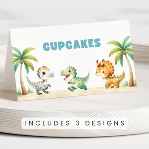 Etiquetas de comida com tema de dinossauro | Decoração de festa de aniversário de dinossauro T-Rex | Placas de comida de dinossauro para impressão | Cartões de barraca de buffet de dinossauro editáveis