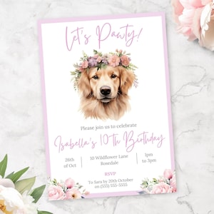 Golden Retriever Birthday Invitation | Editable Puppy Dog Invite | Printable Template | Golden Retriever Party | Girls 10th Birthday Invite