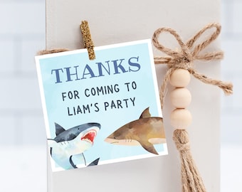 Shark Birthday Thank You Tag | Shark Party Favor Tag 2x2" | Editable Canva Template | Printable Sharktastic Gift Tag | Shark Party Decor
