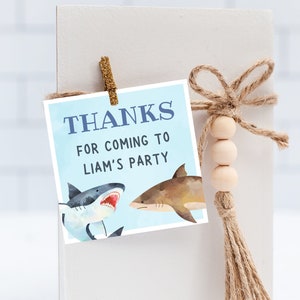 Shark Birthday Thank You Tag | Shark Party Favor Tag 2x2&quot; | Editable Canva Template | Printable Sharktastic Gift Tag | Shark Party Decor