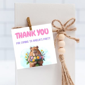 Capybara Thank you tags | Capy Birthday favor tags | Cute Capybara | Girls Birthday Thank you tag | Canva template | editable thank you card