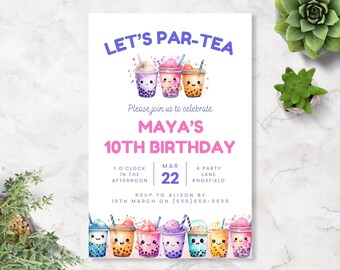 4 x 6 theekransje verjaardagsuitnodiging | Direct downloaden | Uitnodiging voor par-thee | Boba-thee-uitnodigingssjabloon | Uitnodiging Bubble Tea Party