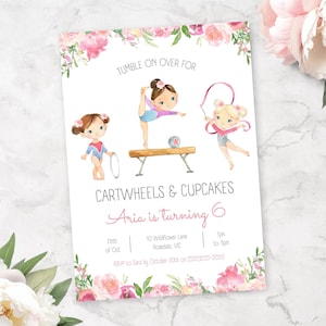 Gymnastics Birthday Invitation | Editable Gymnast Party Invite | Jump Tumble Play, Printable Template, Instant Download, Girls 6th Birthday