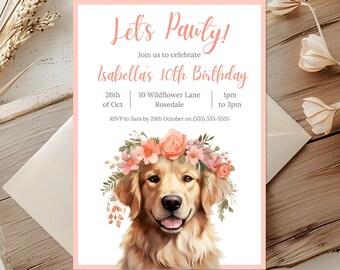 Invitación de cumpleaños de Golden Retriever / Invitación de fiesta temática de perro editable / Fiesta de cachorros / Invitación de perro / Permite invitar a Pawty