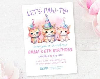 Cat Lets Pawty Invite | Instant Download | Pawty Birthday Invitation | Cat Invitation Printable | Editable Canva Template | Kitten Birthday