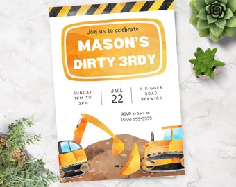 3e anniversaire sale | Fête du camion Digger | 3e anniversaire de construction | Modèle imprimable | Invitation à une fête avec un camion à benne basculante