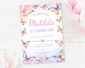 Rainbow Butterfly Birthday Invitation Template | Pastel Butterfly Invite Canva | Instant Download | Girl 1st Birthday Butterfly Party