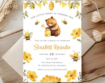 Honey Bee 2nd Birthday Invite | Our Little Honey Invitation | Bumble Bee Birthday Party | Girls 2nd Birthday | Editable Invitation | Any Age