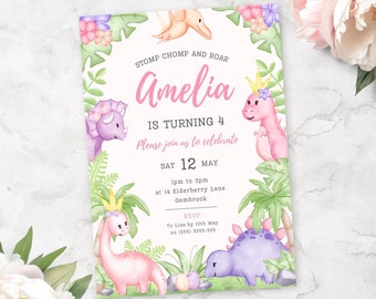 Convite de Dino do aniversário das meninas 4o | Aniversário do dinossauro cor-de-rosa o 4o convida de <br> Entrega Rápida? T-Rex | Convite Editável | Download instantâneo | Tema Festa Dino