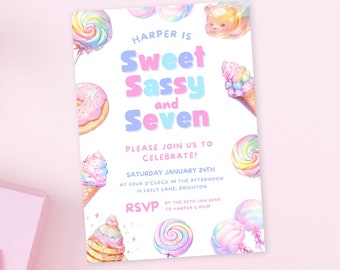 Candy Sweet Frech und Sieben Geburtstag einladen | Mädchen Geburtstags-Einladung 7 Bearbeitbare Canva Vorlage | Pastell Candy Party