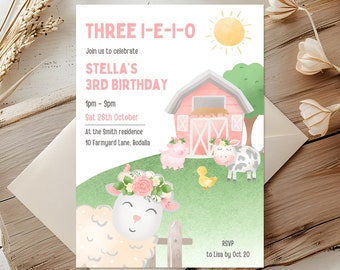 Pink Three I E I O Birthday Party Invitation | Girl 3rd Birthday Party Tractor Farm Animal Theme |  Editable Farmyard Birthday Invite