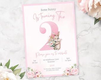 Some Bunny is Turning Two Invite | Pink Girl 2nd Birthday Invitation | Rabbit 2nd Birthday Invite | Instant Download | Canva Template