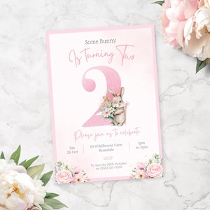 Some Bunny is Turning Two Invite | Pink Girl 2nd Birthday Invitation | Rabbit 2nd Birthday Invite | Instant Download | Canva Template