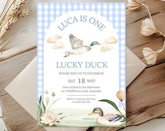 Mallard Duck | Editable Canva Download | Duck Birthday Party | Blue Mallard Invitation | Hunting Theme | Lucky Duck First Birthday Invite