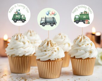 May include: Six green and white cupcake toppers featuring a cartoon green garbage truck with the text "Mateo is Turning Four" and "Happy Birthday Mateo".