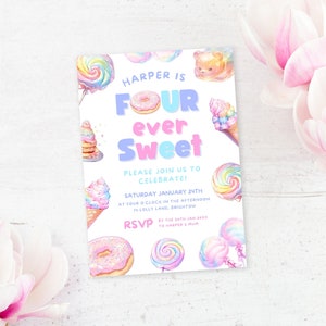 Four Ever Sweet Birthday Invitation | Girl Editable Donut Invitation | Sweet Celebration | Candy Invitation | Digital Download 4th Birthday