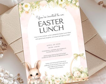 Easter Lunch Invitation, Editable Printable Invite for Easter Lunch Party, Floral Design, Instant Download Template, Easter Bunny Invite