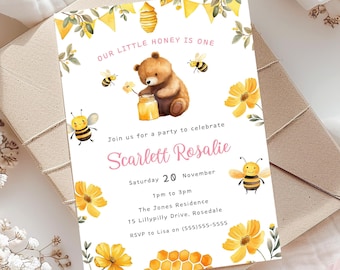 1st Birthday Invitation Bee Theme | Honey Bee Birthday Invite | Bee and Flower Theme Birthday | 1st Bee Day Party Invite | Instant Download