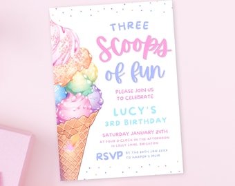 Three Scoops of fun Birthday Invitation| Ice Cream birthday invite| Girls 3rd birthday party summer | Editable Ice Cream Invitation | Canva