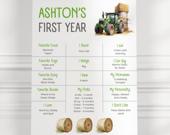 May include: A green and white printable chart for a baby's first year milestones. The chart includes information about the baby's favorite foods, toys, songs, books, and milestones. The chart is decorated with a tractor and hay bales.