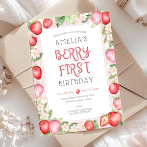 Berry First Birthday Invitation Canva | Editable Template | Strawberry Theme Girl Birthday Invite | Instant Download, Strawberry Party Decor