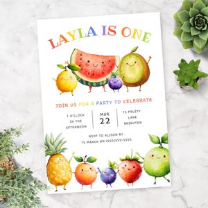 Invito per il primo compleanno a tema frutta danzante / Modello di invito modificabile carino per feste per bambini / Download digitale immediato, invito a tema frutta tropicale