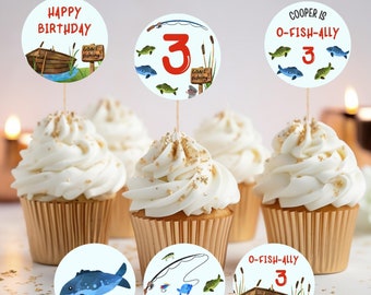 Fishing Cupcake Toppers | OFishAlly Three | Instant Download | Fishing Birthday Party Theme | Boys 3rd Birthday Decor | Editable Template