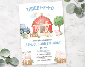 Uitnodiging voor verjaardagsfeestje drie I E I O | 3e verjaardagsfeestje tractor boerderijdieren thema | Aanpasbare bewerkbare verjaardagsuitnodiging voor het erf