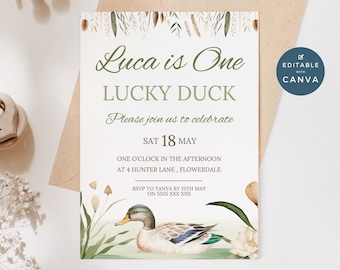 One Lucky Duck Birthday Invitation | Mallard Duck Hunting Birthday invite | Boys first Birthday |  Editable Download | Canva template