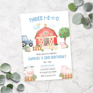 Three I E I O Birthday Party Invitation | 3rd Birthday Party Tractor Farm Animal Theme | Customizable Editable Farmyard Birthday Invite