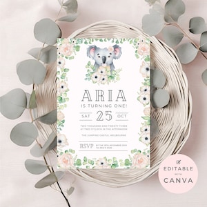 Koala Party Invite | Koala 1st Birthday | Girl Birthday Invitation | floral Invitation | Australian Wildlife | Koala Birthday Party