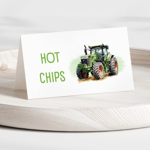 Green Tractor Buffet Card 3.5x2&quot; | Editable Food Label | Boy Farm Birthday Decorations | Farm Party Decor | Canva Template Instant Download