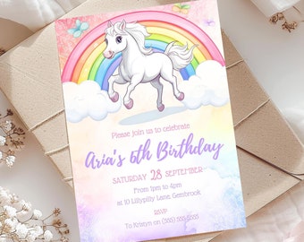 May include: A pink and purple birthday invitation with a white unicorn standing on a rainbow. The text reads "Please join us to celebrate Aria's 6th Birthday, Saturday 28 September, From 1pm to 4pm at 10 Lillypilly Lane, Gembrook, RSVP to Kristyn on (555) 555-5555."