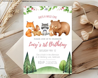 Invitación de cumpleaños de animales del bosque / Invitación de cumpleaños del bosque de niñas / Descarga instantánea / Invitación de fiesta Wild One / Plantilla editable