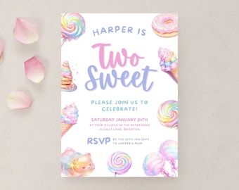 May include: A colorful invitation for a birthday party with the text "Harper is Two Sweet" and a watercolor illustration of various sweets, including ice cream cones, lollipops, donuts, and candy.