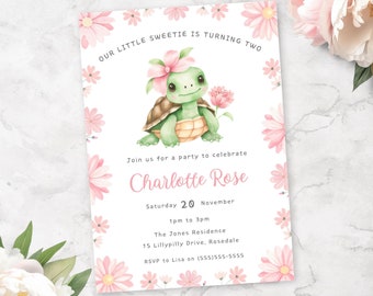 May include: A pink and green turtle with a pink flower on its head is on a white background with pink flowers. The text reads "Our little sweetie is turning two. Join us for a party to celebrate Charlotte Rose. Saturday 20 November 1pm to 3pm The Jones Residence 15 Lillypilly Drive, Rosedale RSVP to Lisa on (555)555-5555"