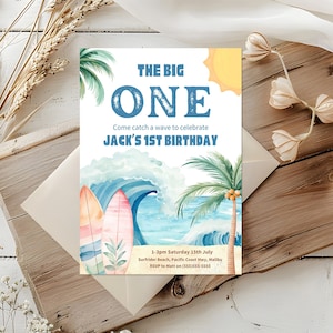 The Big One Surf Birthday Invitation | Instant Download | Surfs Up | Surfing Beach Theme | Boy beach Party | 1St Birthday Invite Template