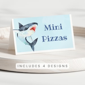 Shark Birthday Buffet Card | Shark Food Labels | Editable Shark Tent Style Buffet Labels | Printable Shark Party Decorations | 4 Designs
