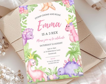 Pastel Dinosaur Birthday Invitation Girl Three Rex | Editable Template | 3 Rex Girl Dino Party | Pink Purple Dino Invite | Instant Download