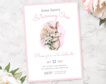 Some Bunny is Turning One Invite | Pink Girl First Birthday Invitation | Rabbit 1st Birthday Invite | Instant Download | Canva Template