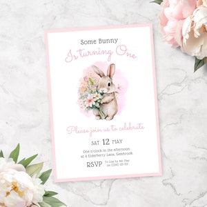 Some Bunny is Turning One Invite | Pink Girl First Birthday Invitation | Rabbit 1st Birthday Invite | Instant Download | Canva Template