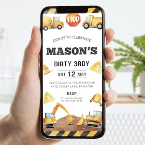 Dirty 3rdy Construction Birthday Evite | Editable Digger Dump Truck 3rd Birthday Invite | Digital Invite | Boy Construction Theme invitation
