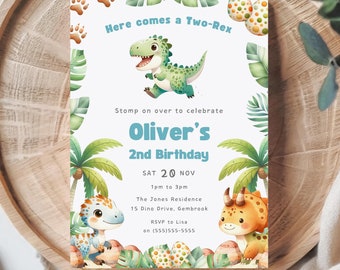 May include: A dinosaur-themed birthday invitation with a green dinosaur, a yellow dinosaur, and palm trees. The invitation says "Here comes a Two-Rex" and "Oliver's 2nd Birthday". It also includes the date, time, and location of the party.