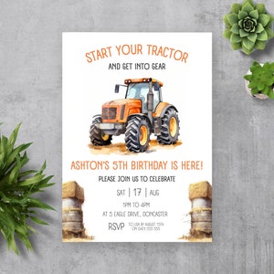 May include: A tractor birthday party invitation with a cartoon tractor on a white background. The text reads "Start your tractor and get into gear. Ashton's 5th birthday is here! Please join us to celebrate Sat | 17 | Aug 1pm to 4pm at 5 Eagle Drive, Doncaster. RSVP to Lisa by August 15th on 0425 555 555."