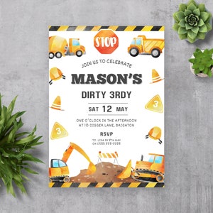 Dirty 3rdy Birthday Invitation | Digger Truck Party | Construction 3rd Birthday Invitation | Printable Template | Dump Truck Party Invite
