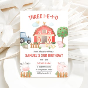 Three I E I O Birthday Party Invitation | 3rd Birthday Party Tractor Farm Animal Theme | Customizable Editable Farmyard Birthday Invite