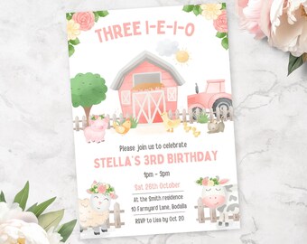 Three I E I O Birthday Party Invitation | Girl 3rd Birthday Party Tractor Farm Animal Theme | Customizable Editable Farmyard Birthday Invite