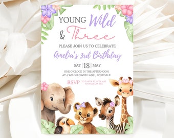 Young Wild And Three Birthday Invite | Editable Safari Birthday Invitation | Girl Young Wild And Three Invitation | Safari Party Invitation
